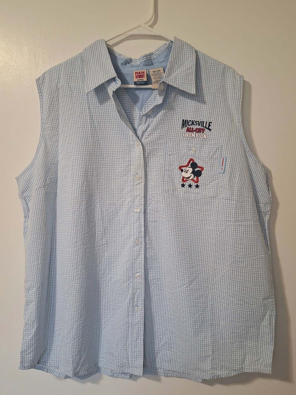 Disney Light Blue Gingham Sleeveless Shirt with Mickey Embroidery